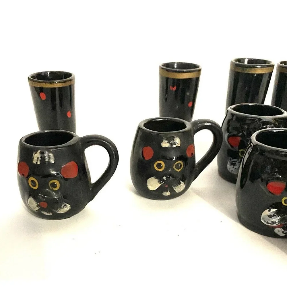 15  Ceramic Black Poodle Dog Face MCM Mini Tea Cups Shot Glasses‎ Japan